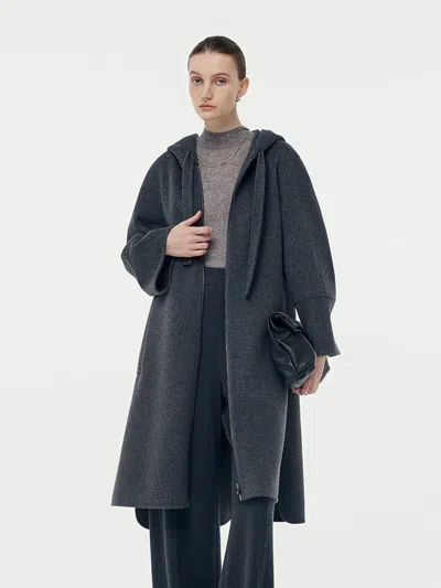 Goelia 100% Wool Double-faced Hooded Zip-up Women Overcoat In Gray
