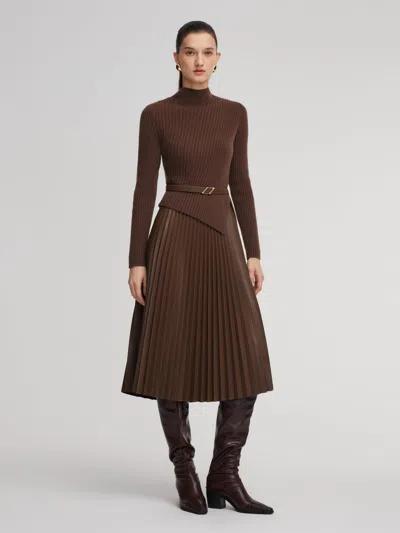 Goelia 100% Wool Knit Top And Pu Leather Skirt Two-piece Set With Belt In Brown