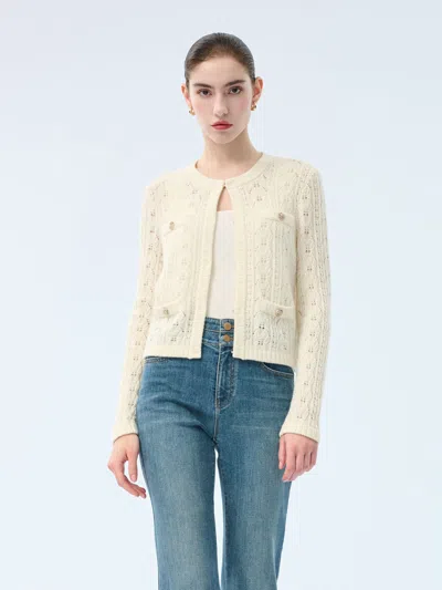 Goelia 100% Wool Open Knit Women Cardigan In White