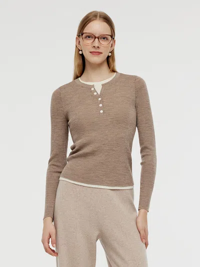 Goelia 100% Wool Patchwork Women Knit Top In Brown