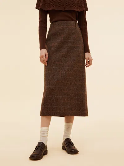 Goelia 100% Wool Plaid Women Column Skirt In Brown