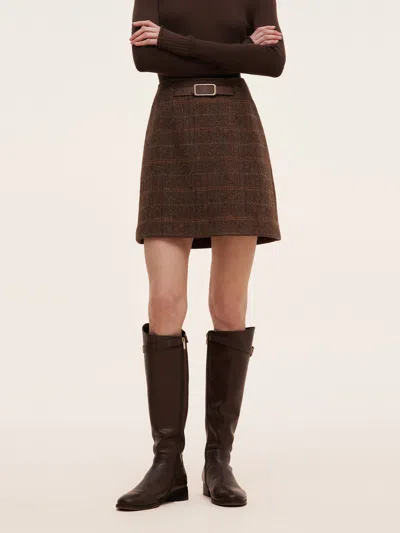 Goelia 100% Wool Plaid Women Skirt With Leather Belt In Brown