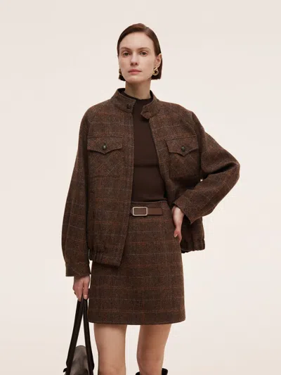 Goelia 100% Wool Plaid Zip-up Women Jacket In Brown