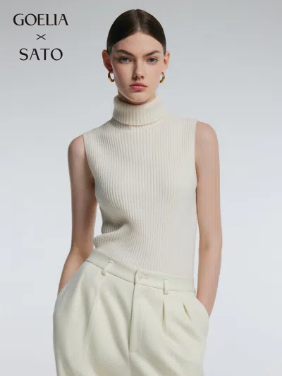Goelia 100% Wool Ribbed Women Turtleneck Tank Top In Off White