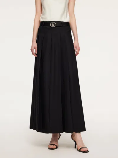 Goelia 100% Wool Side Slit Women Pleated Skirt With Belt In Black