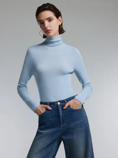 Goelia 100% Wool Turtleneck Women Seamless Knit Top In Blue