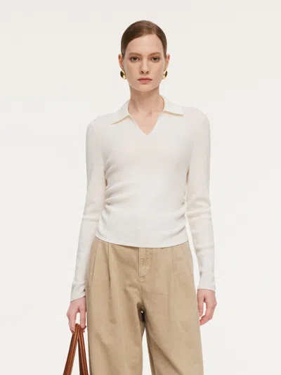 Goelia 100% Wool V-neck Ruched Women Polo Knit Top In White