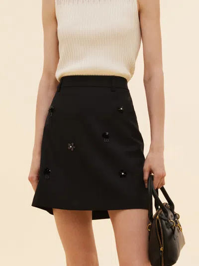 Goelia 100% Worsted Wool Women Beaded Mini Skirt In Black