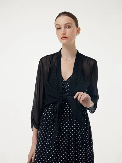 Goelia 10mm Mulberry Silk 3/4 Sleeve Women Front Knot Shirt In Black