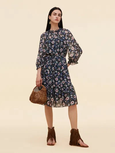 Goelia 10mm Mulberry Silk Floral Print Women Ruffle Collar Midi Dress In Multi