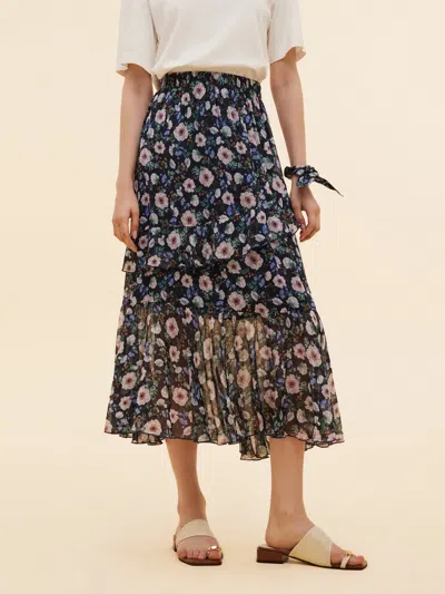 Goelia 10mm Mulberry Silk Floral Print Women Tiered Skirt In Multi
