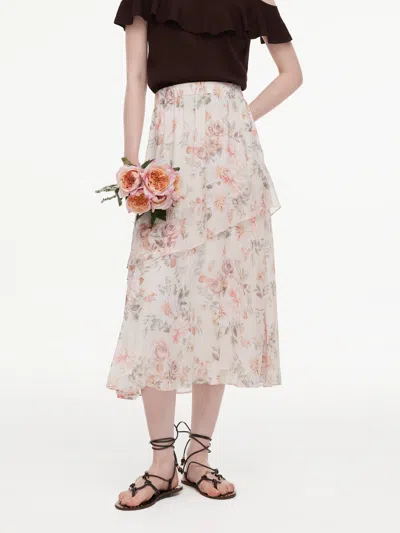 Goelia 10mm Mulberry Silk Floral Print Women Tiered Skirt In Pink Rose Garden Print