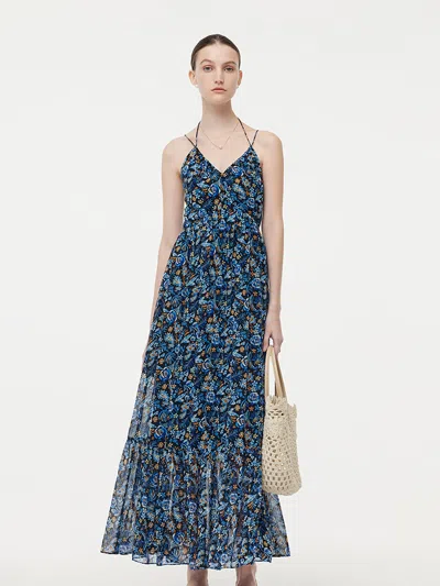 Goelia 10mm Mulberry Silk Halterneck Slip Maxi Dress With Detachable Chest Pads In Blue