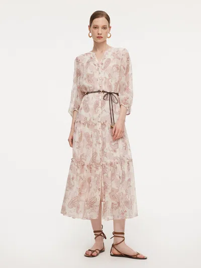 Goelia 10mm Mulberry Silk Paisley Print Women Maxi Dress With Two Self-tie Belts In White