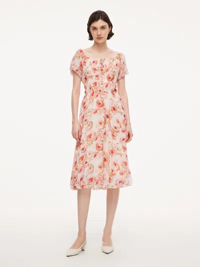 Goelia 10mm Mulberry Silk Rose Print Women Midi Dress With Scrunchie In Multi