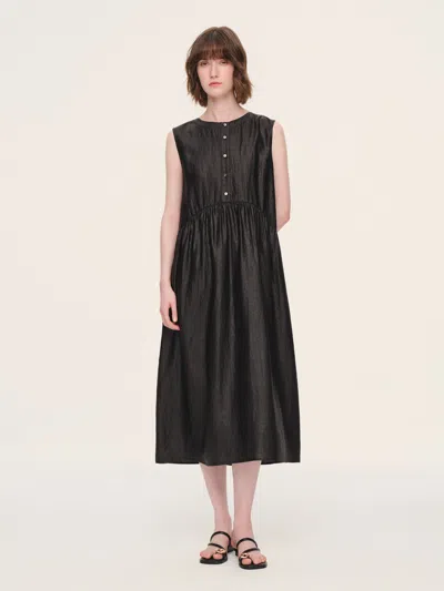 Goelia 12mm Gambiered Canton Gauze Reversible Women Sleeveless Maxi Dress In Black