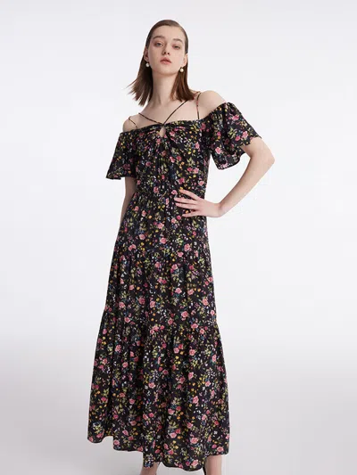 Goelia 16 Momme Mulberry Silk Rose Print Off Shoulder Women Maxi Dress In Black