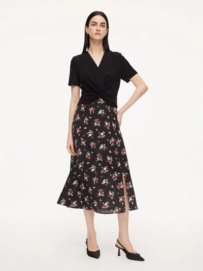 Goelia 16mm Mulberry Silk Acetate Blend Patchwork Women Side Slit Maxi Dress In Black