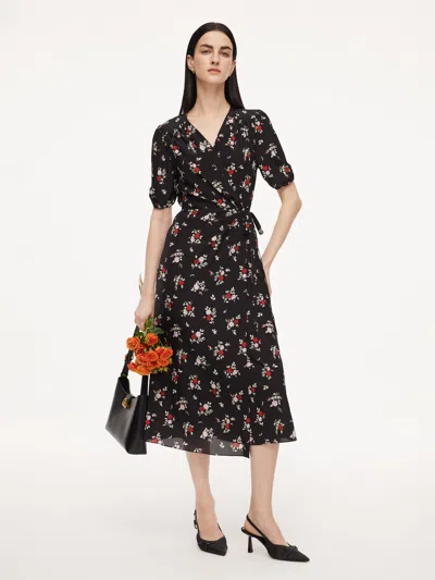 Goelia 16mm Mulberry Silk Floral Print Women Maxi Wrap Dress In Black