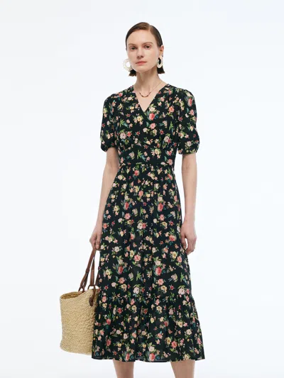 Goelia 16mm Mulberry Silk Floral Print Women Puff Sleeve Maxi Dress In Black