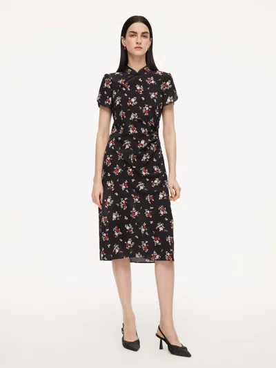 Goelia 16mm Mulberry Silk Rose Print Women Qipao Midi Dress In Black