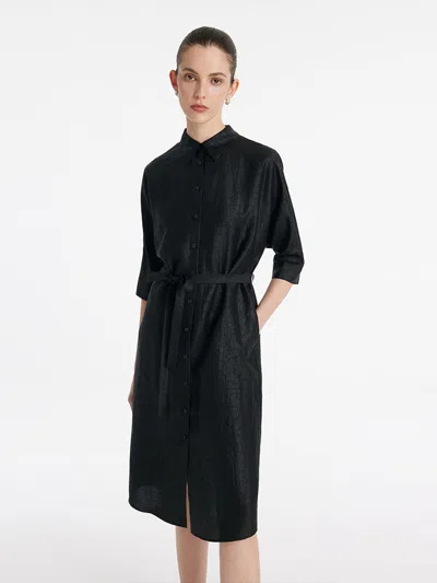 Goelia 18 Momme Xiang Yun Silk Single-breasted Women Midi Shirt Dress With Belt In Black