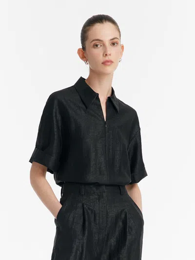 Goelia 18 Momme Xiang Yun Silk Women Shirt With Zippered Lapel Collar In Black