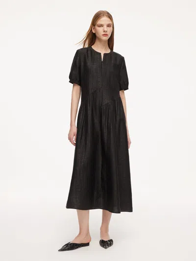 Goelia 18mm Gambiered Canton Gauze Women Asymmetrical Gathered Maxi Dress In Black