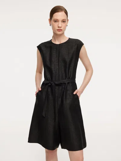 Goelia 18mm Gambiered Canton Gauze Women Belted Romper In Black