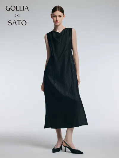 Goelia 18mm Gambiered Canton Gauze Women Cowl Neck Maxi Dress In Black
