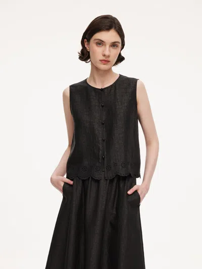 Goelia 18mm Gambiered Canton Gauze Women Embroidered Hem Vest In Black