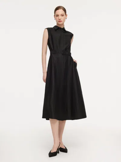 Goelia 18mm Gambiered Canton Gauze Women Midi Dress With Belt In Black