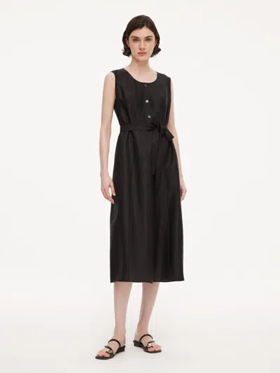 Goelia 18mm Gambiered Canton Gauze Women Sleeveless Belted Maxi Dress In Black