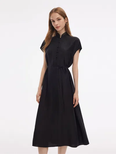 Goelia 18mm Xiang Yun Silk A-line Women Self-tie Belt Midi Dress In Black