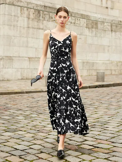 Goelia 19 Momme Mulberry Silk Iris Print Women Maxi Spaghetti Strap Dress With Scrunchie In Black