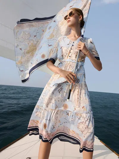 Goelia 19 Momme Silk Map Print Midi Dress In Multi
