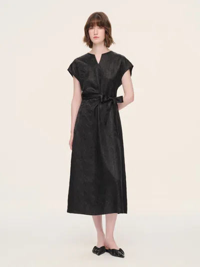 Goelia 19mm Gambiered Canton Gauze Women Belted Maxi Dress With Scrunchie In Black