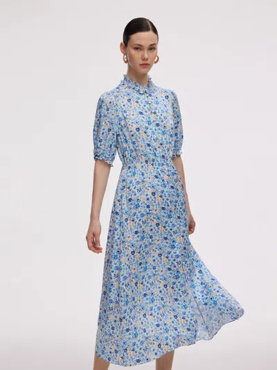 Goelia 19mm Mulberry Silk Floral Print Ruffle Collar Maxi Dress In Blue