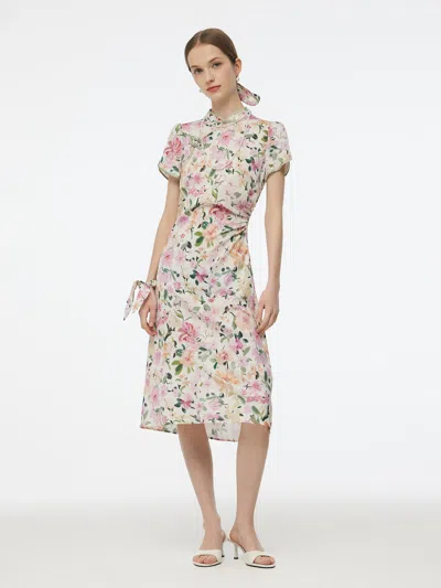 Goelia 19mm Mulberry Silk Floral Print Side Twist Women Qipao Midi Dress In White