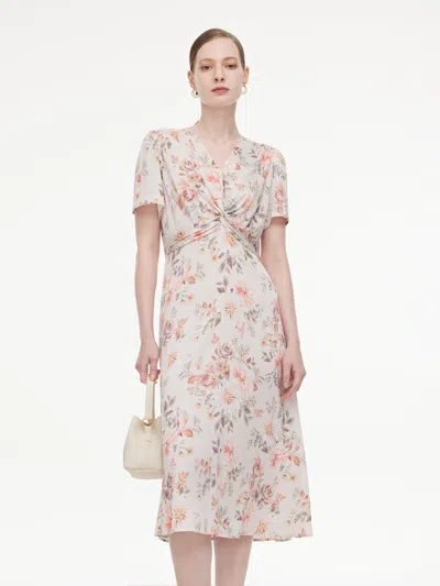 Goelia 19mm Mulberry Silk Floral Print Twist Front Women Midi Dress In Pink Rose Garden Print