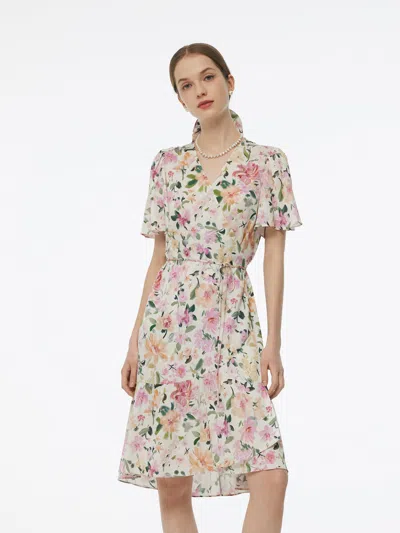 Goelia 19mm Mulberry Silk Floral Print V-neck Women Wrap Midi Dress In Multi