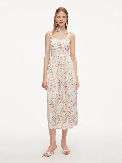 Goelia 19mm Mulberry Silk Floral Print Women Maxi Dress With Ribbon In Brown
