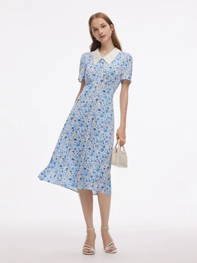 Goelia 19mm Mulberry Silk Floral Print Women Midi Dress In Blue