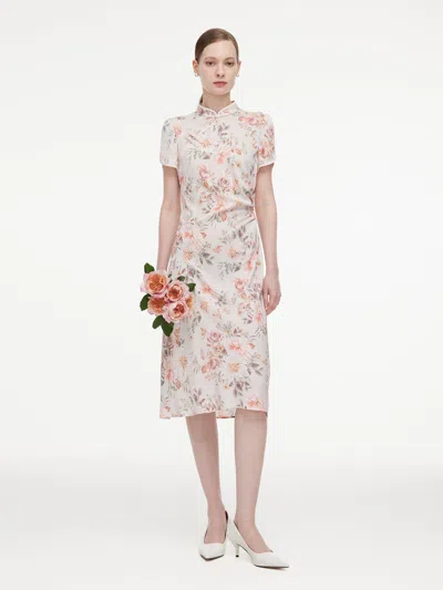 Goelia 19mm Mulberry Silk Floral Print Women Qipao Midi Dress