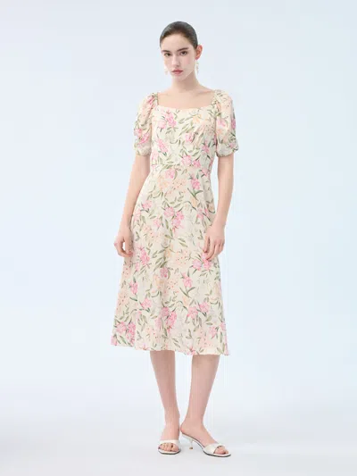 Goelia 19mm Mulberry Silk Floral Print Women Square Neck Midi Dress In Multi