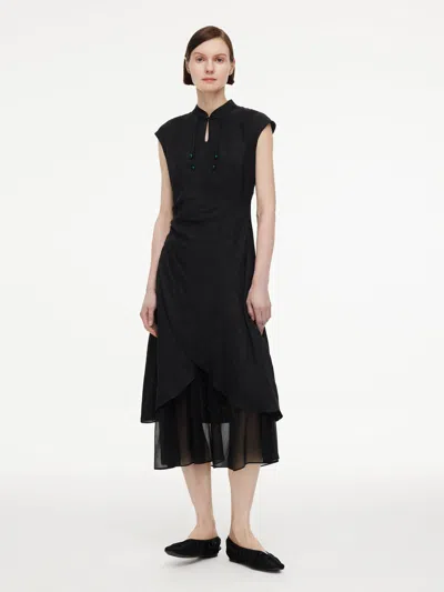 Goelia 19mm Mulberry Silk Kapok Flower Jacquard Women Maxi Dress In Black