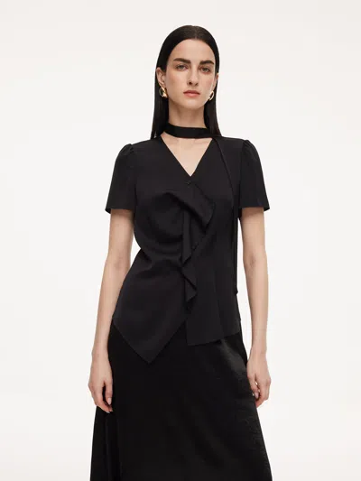 Goelia 22mm Mulberry Silk Asymmetrical Hem Women Blouse With Ribbon In Black