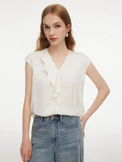 Goelia 22mm Mulberry Silk Asymmetrical Ruffle Women Blouse In White