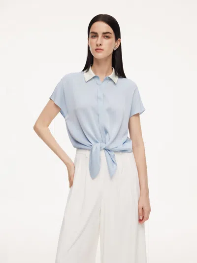 Goelia 22mm Mulberry Silk Contrast Collar Tie Front Women Shirt In Blue
