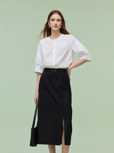 Goelia 3/4 Sleeve Shirt And Front Slit Skirt Two-piece Set With Leather Belt In White